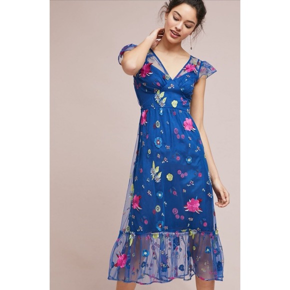 Anthropologie Dresses & Skirts - Anthropologie TRACY REESE Midi Dress Size 12P Embroidered Topaz Blue Floral
